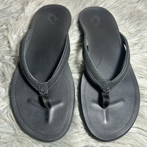Olukai Ho'opio Sandal-Onyx/Onyx Toe Post Sandals Black Flip Flop Sandals Size 9 - Picture 5 of 10